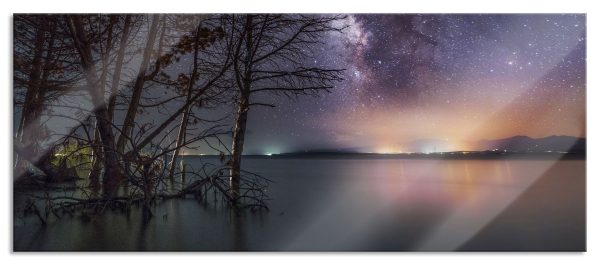 Bäume am See in sternenklarer Nacht, Glasbild Panorama Mode