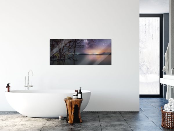 Bäume am See in sternenklarer Nacht, Glasbild Panorama Mode – Bild 4