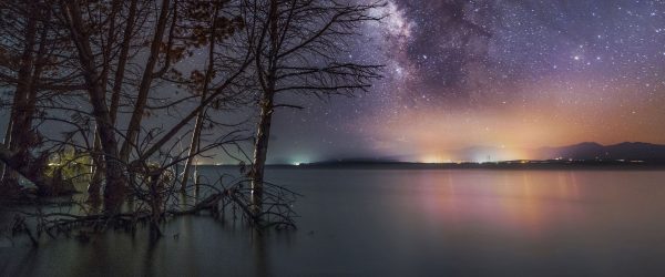 Bäume am See in sternenklarer Nacht, Glasbild Panorama Mode – Bild 5