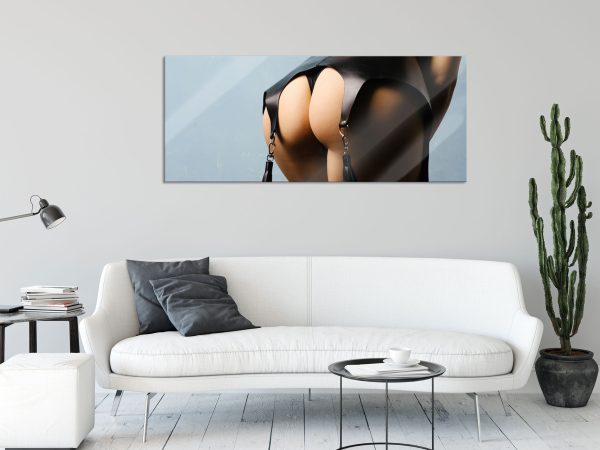Frauenpo in Lederstrapse, Glasbild Panorama Mode – Bild 2