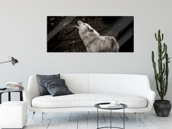 Weißer heulender Wolf im Wald, Glasbild Panorama Zu verkaufen – Bild 2