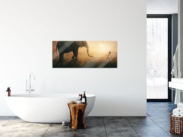 Kind und Elefant bei Sonnenuntergang, Glasbild Panorama Rabatt – Bild 4