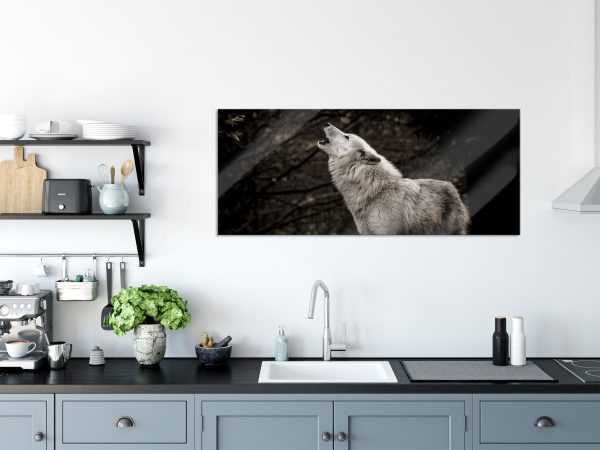 Weißer heulender Wolf im Wald, Glasbild Panorama Zu verkaufen – Bild 3